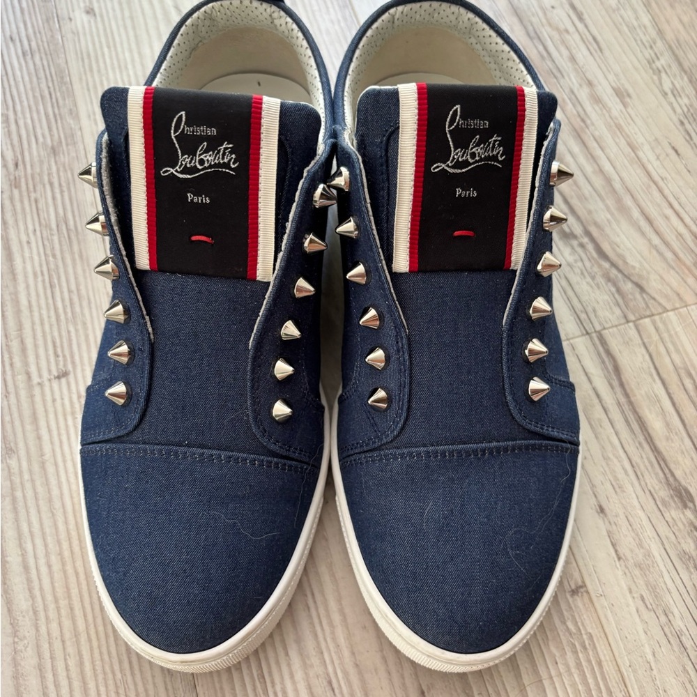 Christian Louboutin Denim Blue Sneakers with Silver Spikes